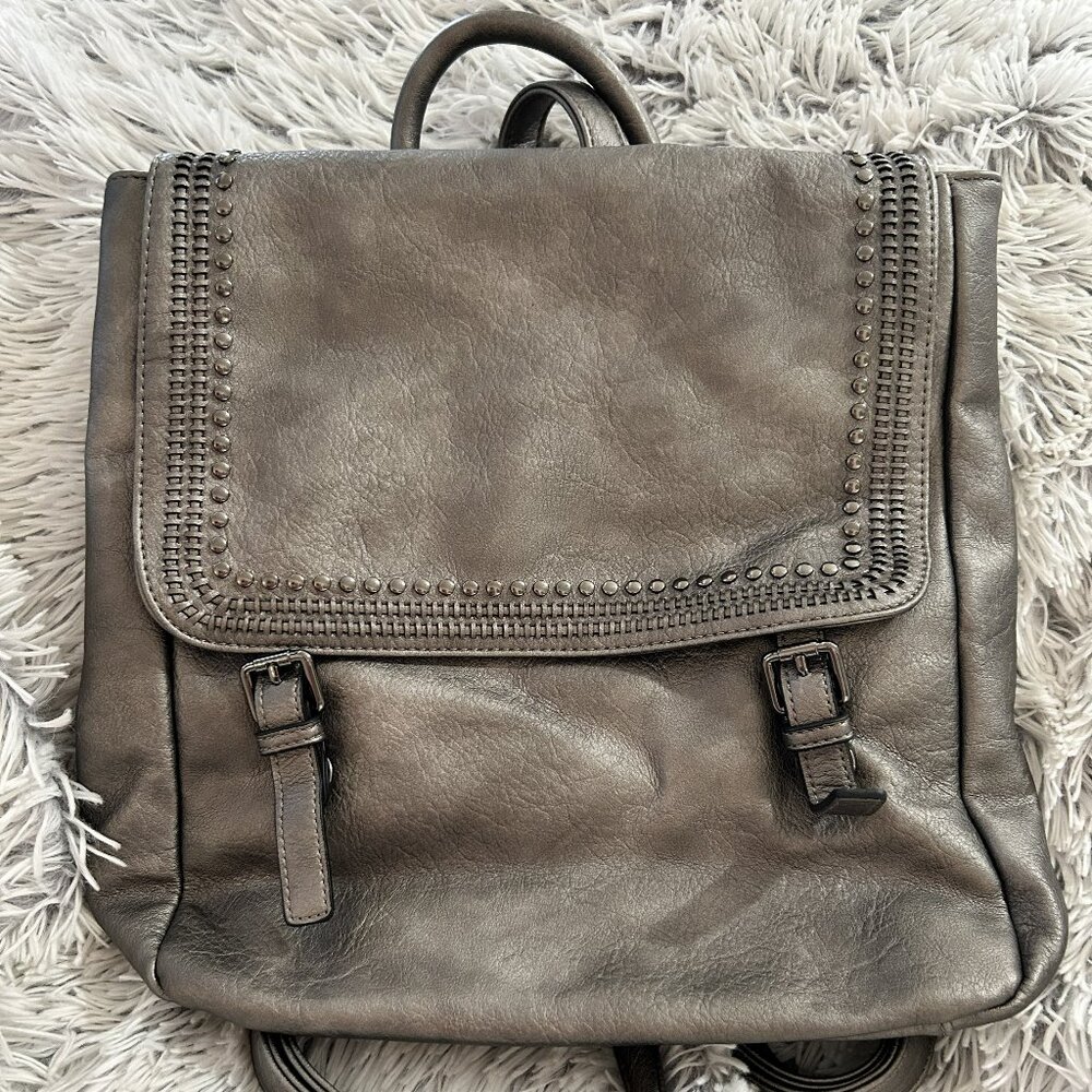 Jen & Co Gray Vegan Leather Backpack, NWOT Boho Studded Flap, Bikercore